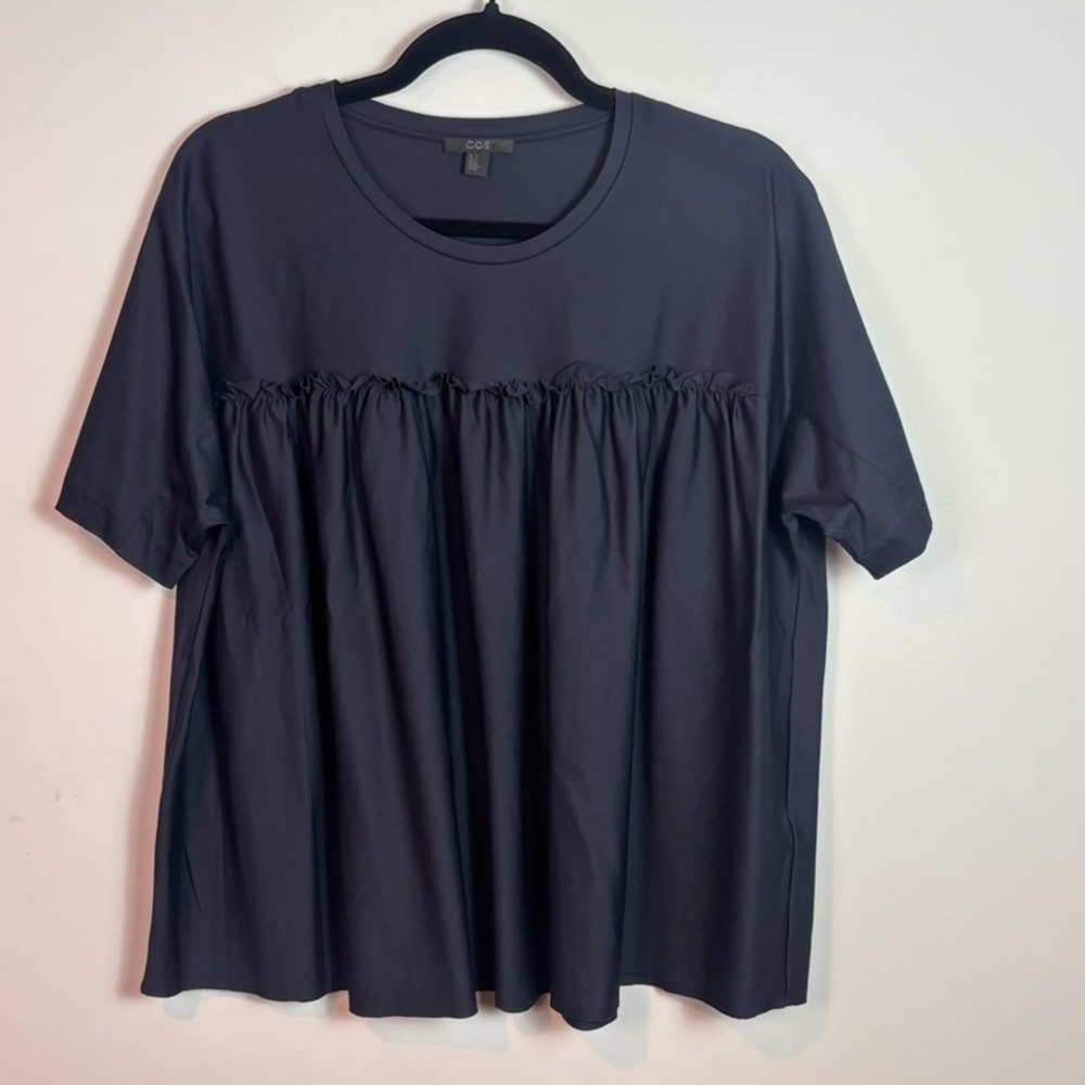 COS Womens 100% Cotton Short Sleeve Navy Blue Ruffle Detail Flowy Blouse sz Med